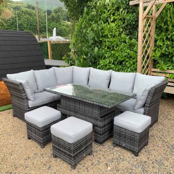 Santander Corner Rattan Dining Set with Rising Table and Recliner - Grey