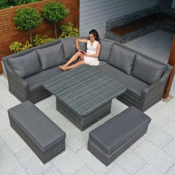Vancouver Rattan Corner Sofa Dining Set With Two Benches in Grey