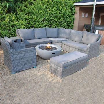 Vancouver Rattan Corner Sofa Set Lasair Round Firepit With Bench & Chair in Grey