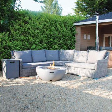 Vancouver Rattan Corner Sofa Set Lasair Round Firepit in Grey