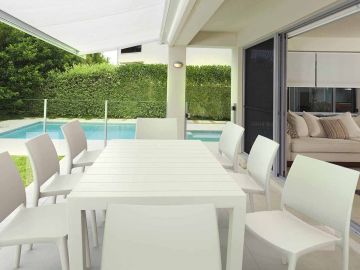 8 Maya Chairs and Vegas XL Table Set in White 