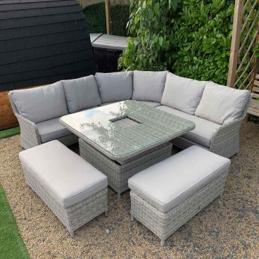 Sofia corner rattan fire pit dining set sales