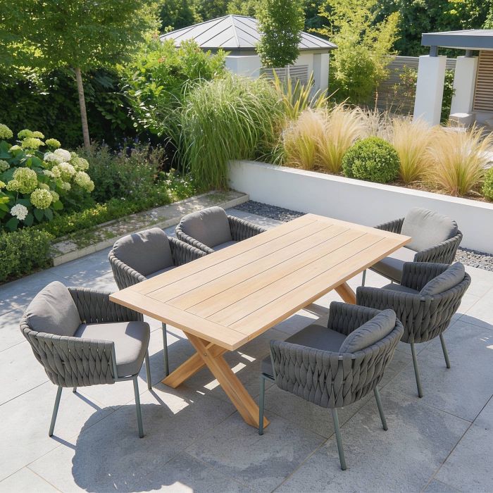 Hartman Regis Teak Dining Table with 6 Aranweave Grey Chairs main product photo