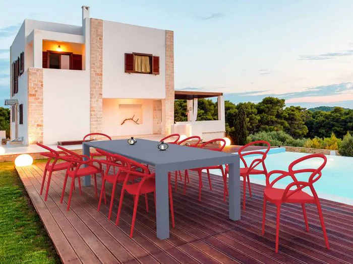10 Red Mila Chairs and Grey Vegas XL Set in the Garden 