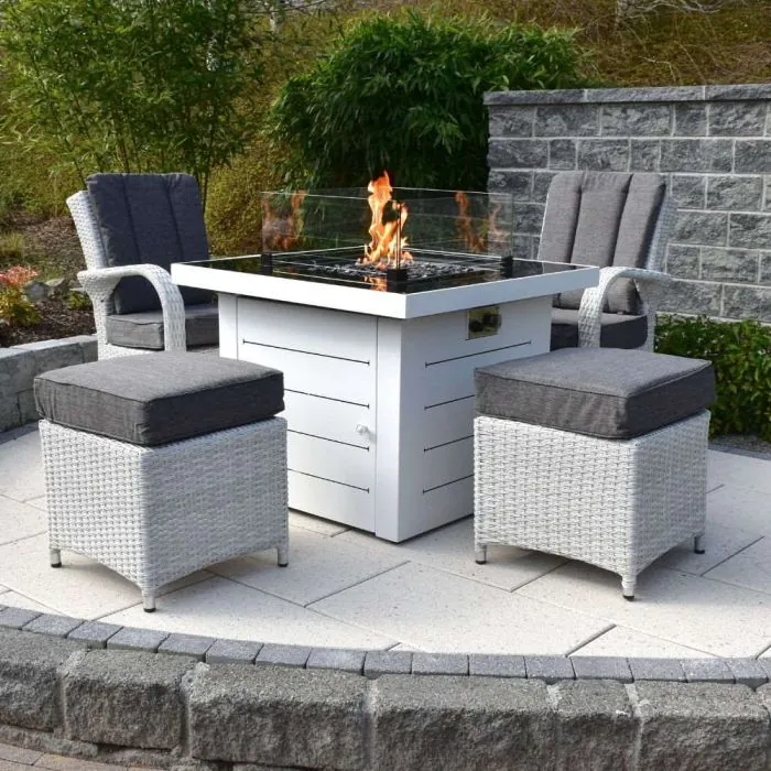 Etna Square Fire Pit Table with 2 Treviso Armchairs and 2 Footstools