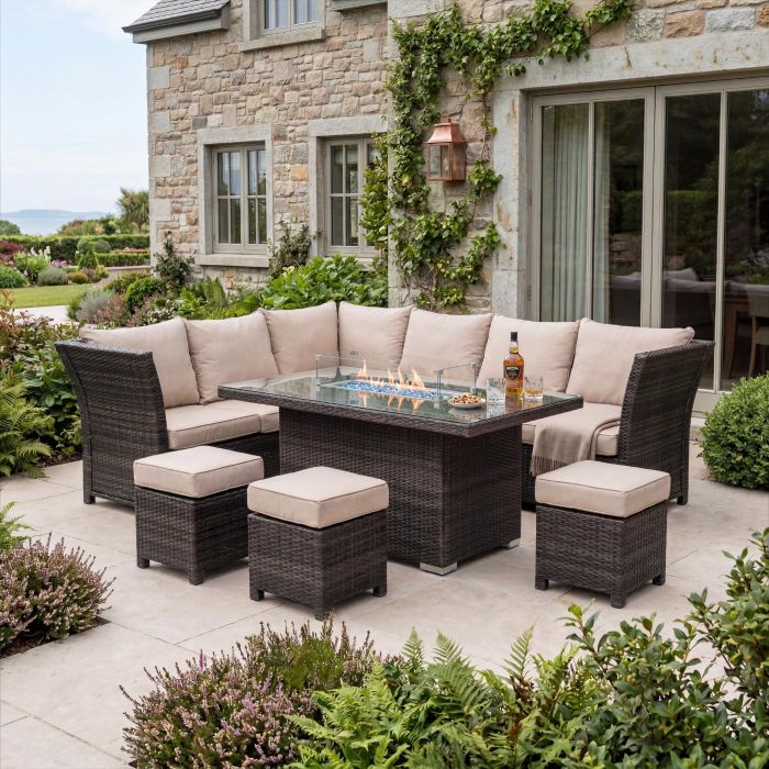 Santander Corner Dining Set with Rectangular Firepit Table - Mixed Brown main product photo