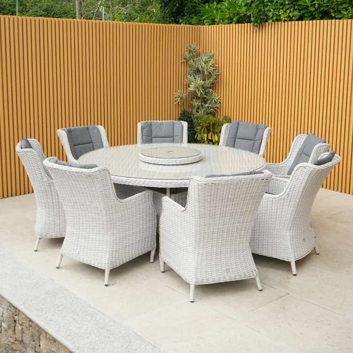 Roma Light Grey 8 Seater Round Rattan Dining Set with Lazy Susan