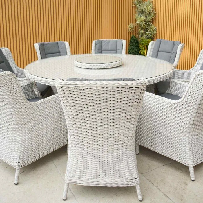 Roma Light Grey 8 Seater Round Rattan Dining Set with Lazy Susan
