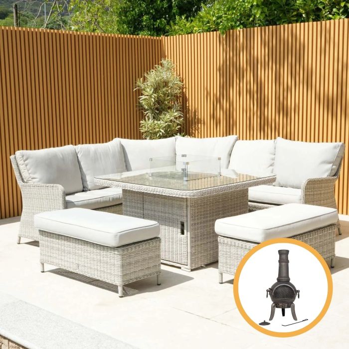 Hamilton Rattan Corner Dining Set with Square Firepit and Two Benches main product photo