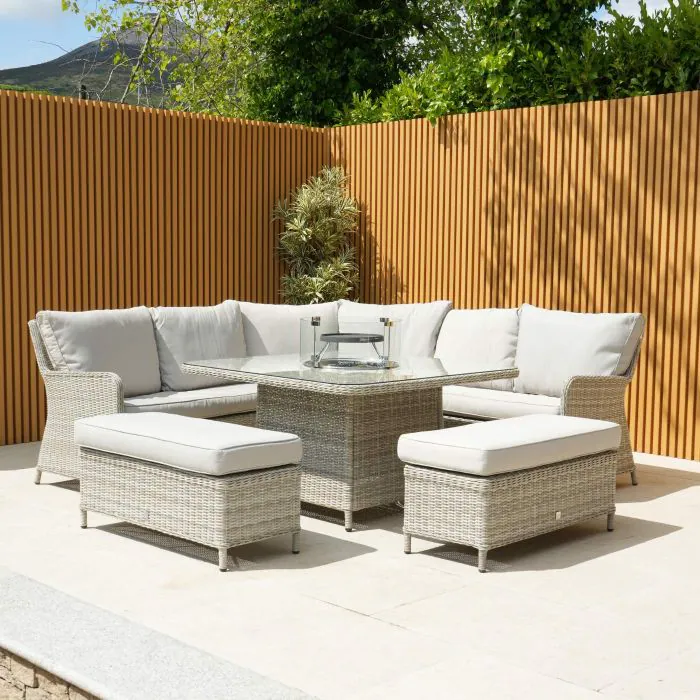 Light Grey Hamilton Rattan Corner Bench Set with Gas Fire Pit Table