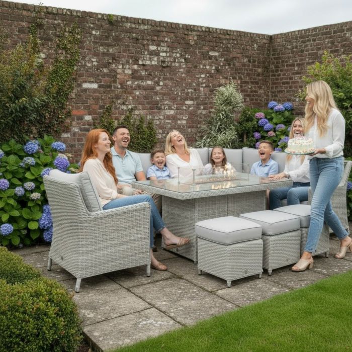 Hamilton Rattan Left Hand Corner Dining Set with Rectangular Gas Firepit Table and Armchair main product photo