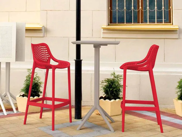 2 Red Air Bar Chairs and Taupe Sky Bar Table Set