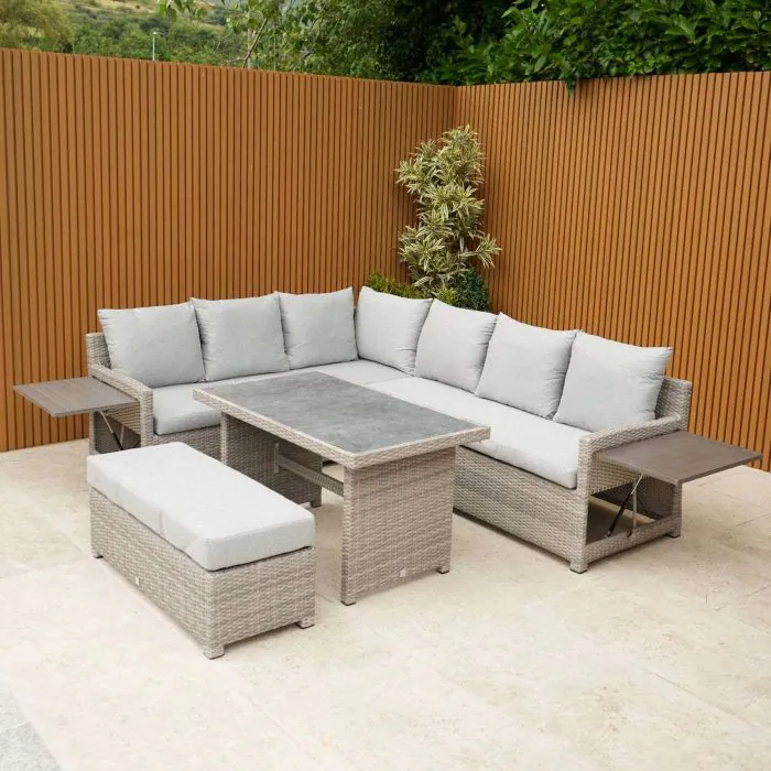Grey Rattan L-Shaped Corner Sofa Bench Set with Folding side tables