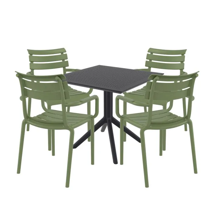 4 Seater Sky 80x80 Table In Black With Paris Chairs in Green Whiteout