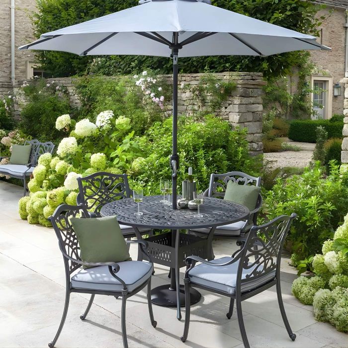 Hartman Capri 4 Seat Round Cast Aluminium Set with Parasol and Base - Antique Grey main product photo