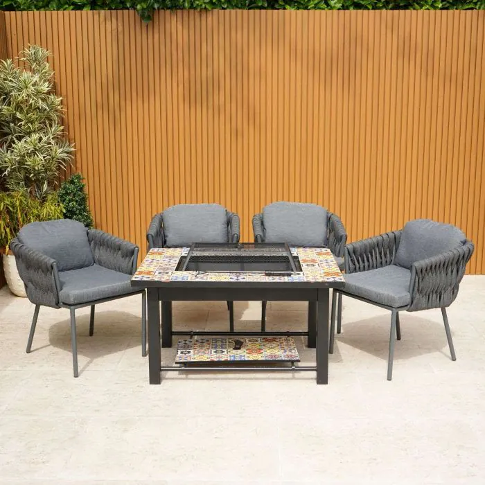 Lambay Table Fire Pit in Black with 4 Aranweave Rope Chairs in Grey