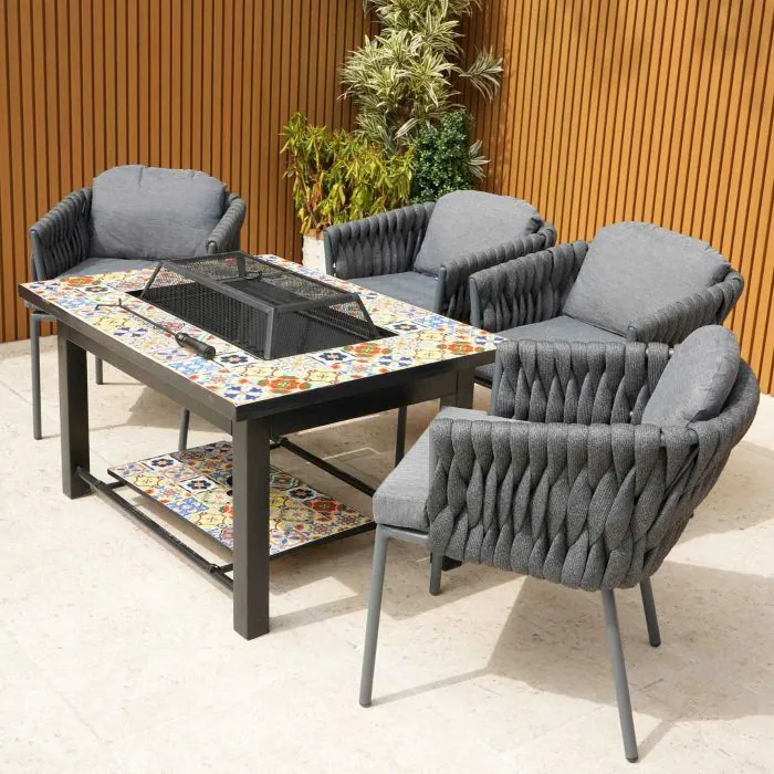 Lambay Table Fire Pit in Black with 4 Aranweave Rope Chairs in Grey
