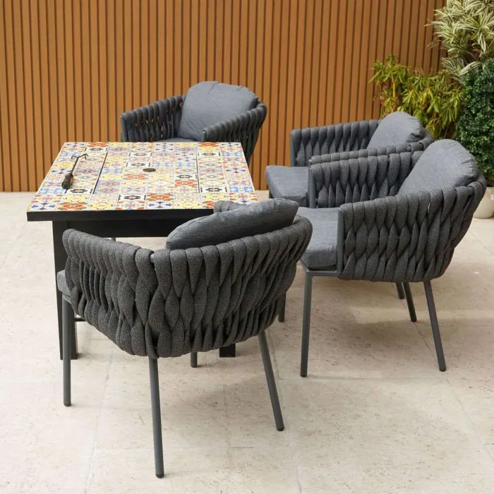 Lambay Table Fire Pit in Black with 4 Aranweave Rope Chairs in Grey