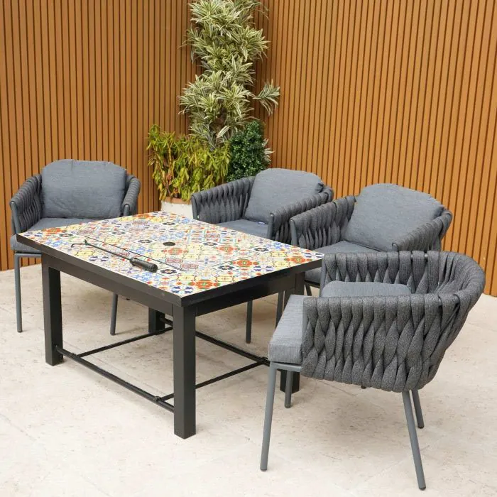 Lambay Table Fire Pit in Black with 4 Aranweave Rope Chairs in Grey