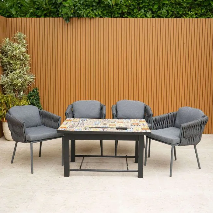 Lambay Table Fire Pit in Black with 4 Aranweave Rope Chairs in Grey