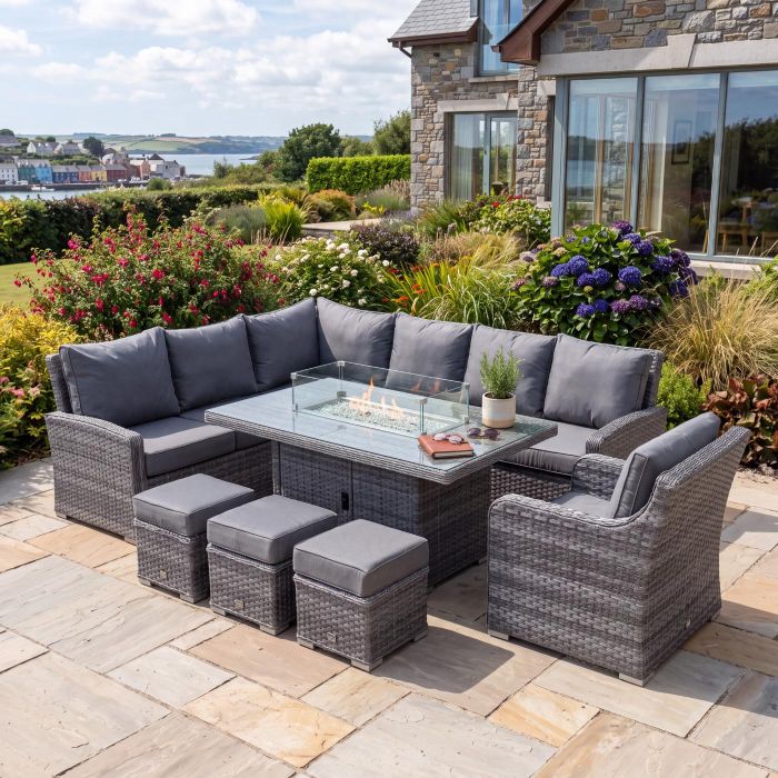 Solana Rattan Corner Firepit Set with Armchair and Rectangular Fire Pit Table main product photo