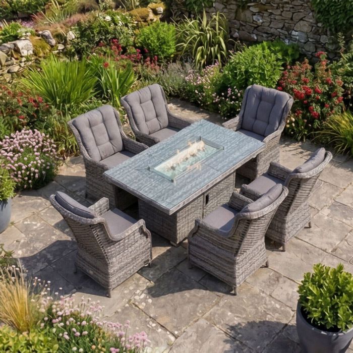 California High Back 6 Seat Dining Set with Rectangular Firepit Table main product photo
