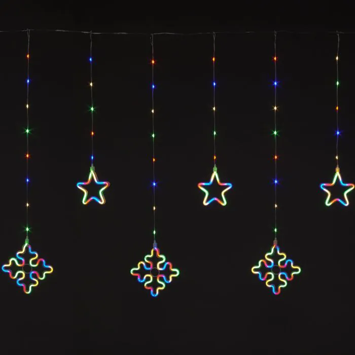 175cm x 105cm Star & Snowflake Curtain with 8 Multi Colour Drops 175cm x 105cm Star & Snowflake Curtain with 8 Multi Colour Drops