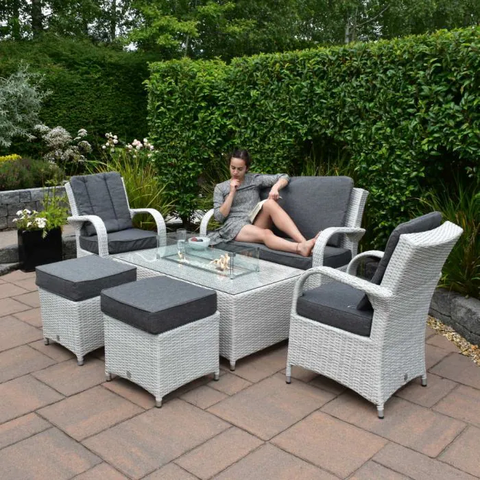 Treviso Coffee Firepit Set With 2 Seater Bench And 2 Chairs And 2 Footstools