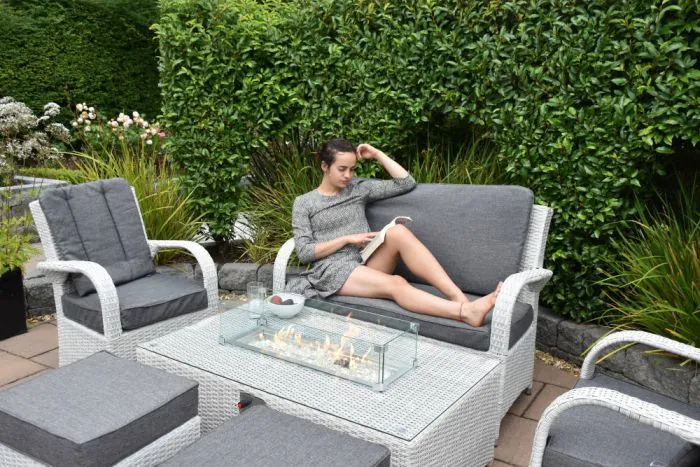 Treviso Coffee Firepit Set With 2 Seater Bench And 2 Chairs And 2 Footstools