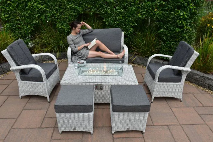 Treviso Coffee Firepit Set With 2 Seater Bench And 2 Chairs And 2 Footstools