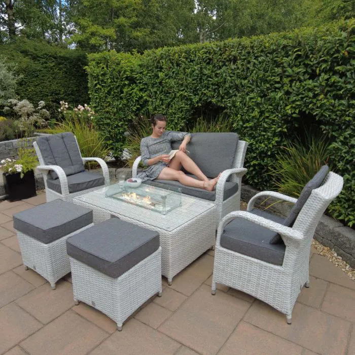 Treviso Coffee Firepit Set With 2 Seater Bench And 2 Chairs And 2 Footstools
