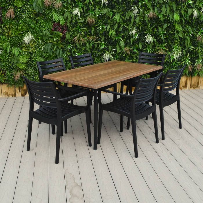 6 Seater Rectangular Canyon Walnut Werzalit Table & Black Artemis Chairs main product photo