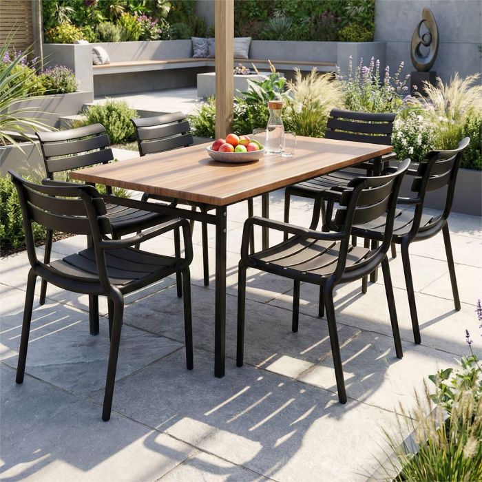 6 Seater Rectangular Canyon Walnut Werzalit Table & Black Paris Chairs main product photo