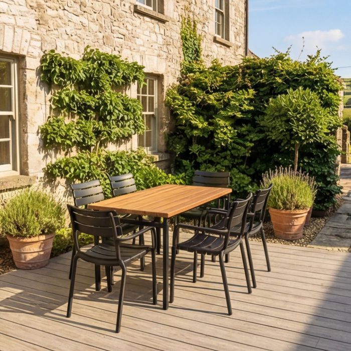 6 Seater Rectangular Canyon Walnut Werzalit Table & Black Paris Chairs main product photo