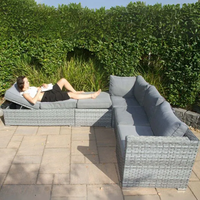 Rio Grande outdoor corner set in grey rattan, featuring a 5-position adjustable sun lounger and durable rust-resistant frame