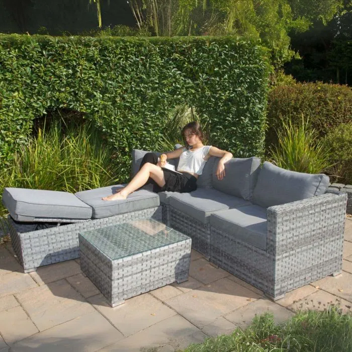 grey rattan corner sofa set with reclining sun lounger, rust-resistant frame, and plush cushions for outdoor comfort