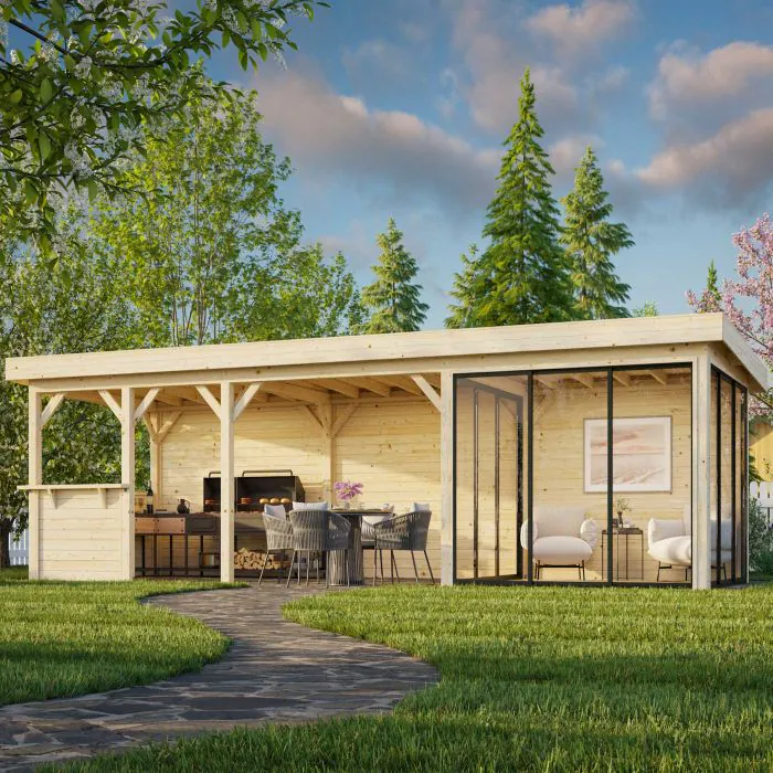 Lenna 24.9m I Flat Roof Gazebo with 3 Full Walls, 3 Sliding Doors and Corner Half Wall (9m x 3m)