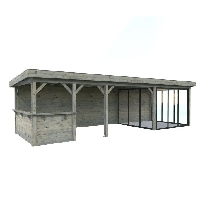 Lenna 24.9m I Flat Roof Gazebo with 3 Full Walls, 3 Sliding Doors and Corner Half Wall (9m x 3m)