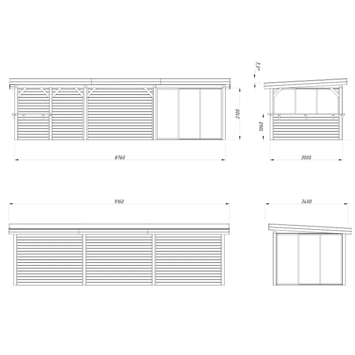 Lenna 24.9m I Flat Roof Gazebo with 3 Full Walls, 3 Sliding Doors and Corner Half Wall (9m x 3m)