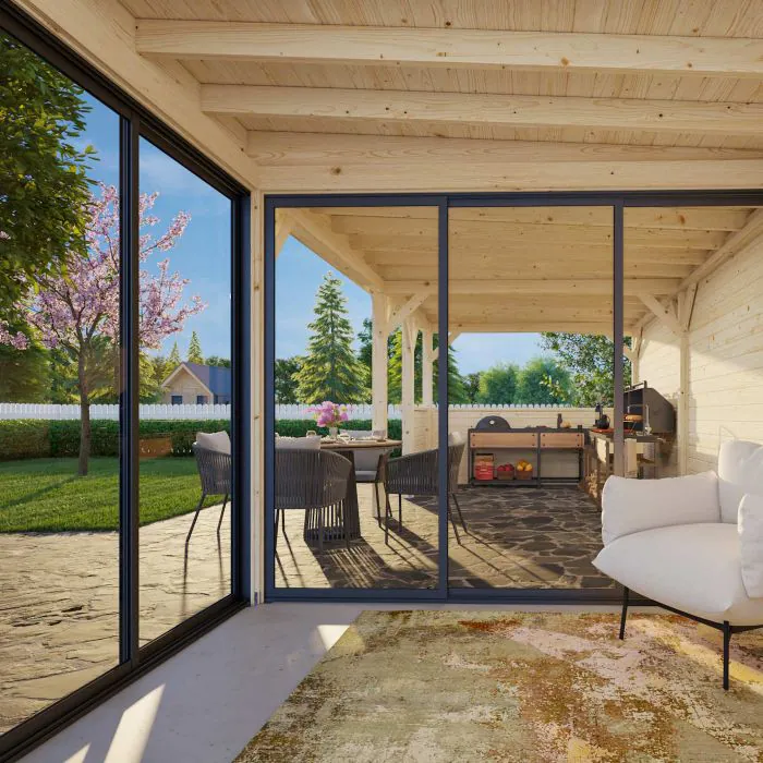 Lenna 24.9m I Flat Roof Gazebo with 3 Full Walls, 3 Sliding Doors and Corner Half Wall (9m x 3m)