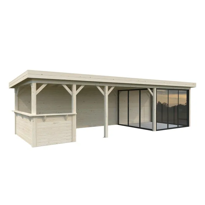 Lenna 24.9m I Flat Roof Gazebo with 3 Full Walls, 3 Sliding Doors and Corner Half Wall (9m x 3m)