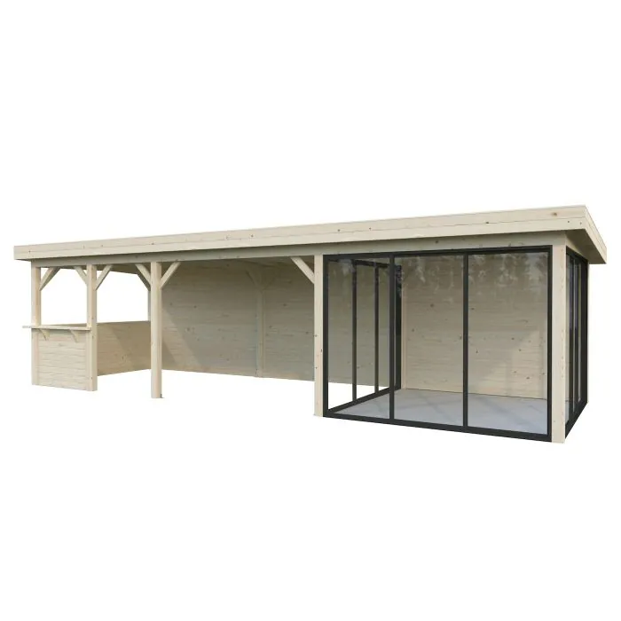 Lenna 24.9m I Flat Roof Gazebo with 3 Full Walls, 3 Sliding Doors and Corner Half Wall (9m x 3m)