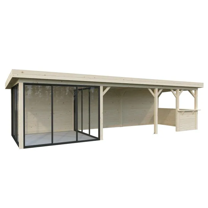 Lenna 24.9m I Flat Roof Gazebo with 3 Full Walls, 3 Sliding Doors and Corner Half Wall (9m x 3m)