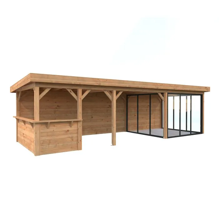 Lenna 24.9m I Flat Roof Gazebo with 3 Full Walls, 3 Sliding Doors and Corner Half Wall (9m x 3m)