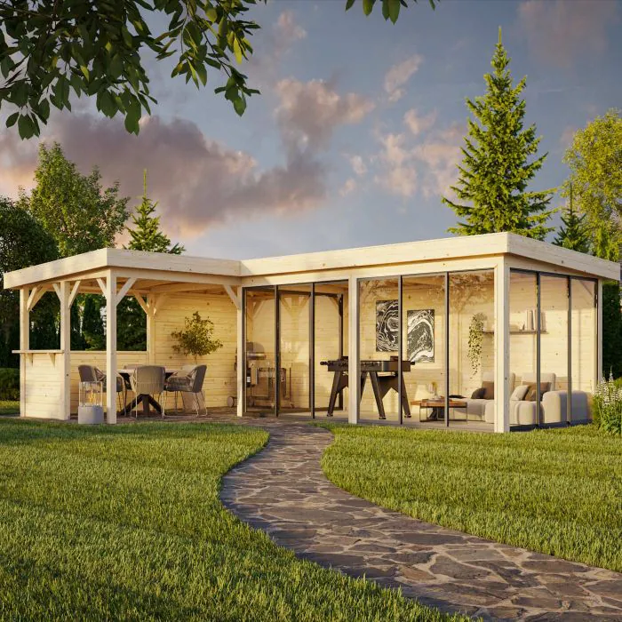 Lenna 33.2m L Flat Roof Gazebo with 4 Full Walls, 4 Sliding Doors and Corner Half Wall (9m x 6m x 3m) Lenna 33.2m L Flat Roof Gazebo with 4 Full Walls, 4 Sliding Doors and Corner Half Wall (9m x 6m x 3m)