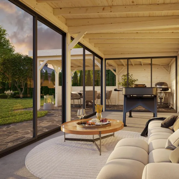 Lenna 33.2m L Flat Roof Gazebo with 4 Full Walls, 4 Sliding Doors and Corner Half Wall (9m x 6m x 3m) Lenna 33.2m L Flat Roof Gazebo with 4 Full Walls, 4 Sliding Doors and Corner Half Wall (9m x 6m x 3m)