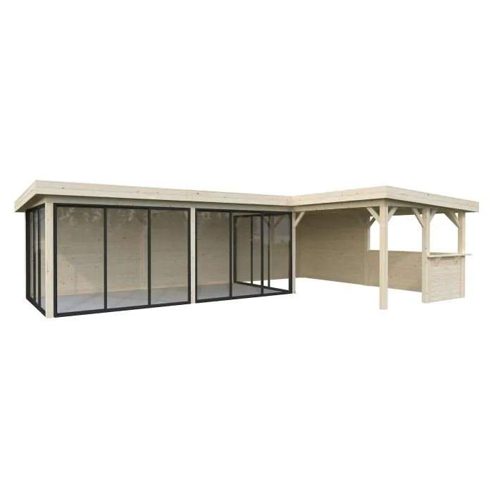 Lenna 33.2m L Flat Roof Gazebo with 4 Full Walls, 4 Sliding Doors and Corner Half Wall (9m x 6m x 3m) Lenna 33.2m L Flat Roof Gazebo with 4 Full Walls, 4 Sliding Doors and Corner Half Wall (9m x 6m x 3m)