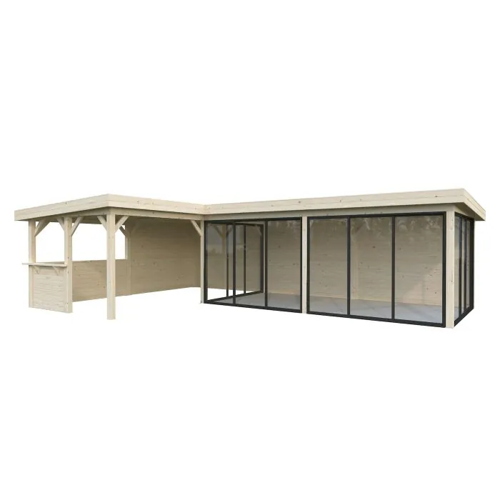 Lenna 33.2m L Flat Roof Gazebo with 4 Full Walls, 4 Sliding Doors and Corner Half Wall (9m x 6m x 3m) Lenna 33.2m L Flat Roof Gazebo with 4 Full Walls, 4 Sliding Doors and Corner Half Wall (9m x 6m x 3m)
