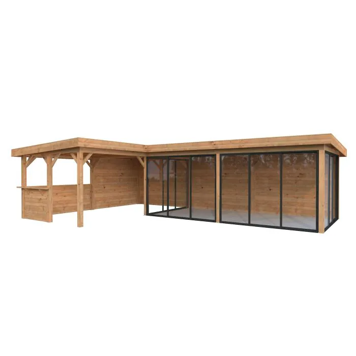 Lenna 33.2m L Flat Roof Gazebo with 4 Full Walls, 4 Sliding Doors and Corner Half Wall (9m x 6m x 3m) Lenna 33.2m L Flat Roof Gazebo with 4 Full Walls, 4 Sliding Doors and Corner Half Wall (9m x 6m x 3m)