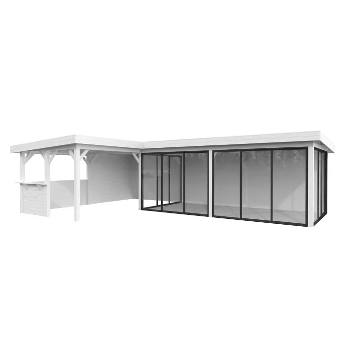 Lenna 33.2m L Flat Roof Gazebo with 4 Full Walls, 4 Sliding Doors and Corner Half Wall (9m x 6m x 3m) Lenna 33.2m L Flat Roof Gazebo with 4 Full Walls, 4 Sliding Doors and Corner Half Wall (9m x 6m x 3m)